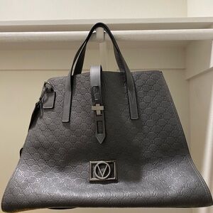 Valentino Gray Leather Bag with Silver Logo Plate